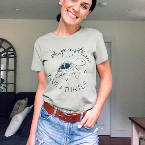 VSCO Girl Skip A Straw Save A Turtle Tee Shirt - Picture 2 of 4